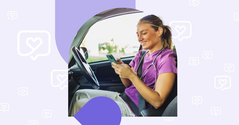 A happy care worker sitting in their car