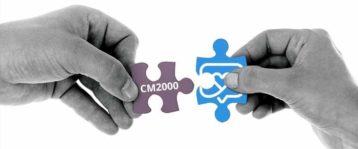 Hands holding two puzzle pieces, one with the CM2000 logo and one with the Nursebuddy logo
