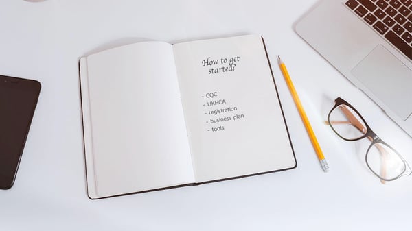 A notebook and pencil laying on a white desk. The notebook says: 